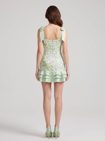 Mint Green Jacquard & Satin A-Line Square Neck Zipper Back Mini Dress Back View - Aabei Dress