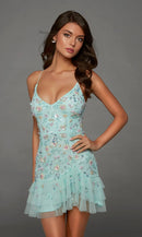 Mint Green Mesh with Sequins Bodycon V-Neck Lace-Up Back Mini Dress - Aabei Dress