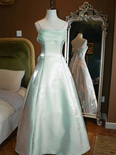 Mint Green Satin and Chiffon A-Line Cowl Neck Zipper Back Floor Length Dress - Aabei Dress