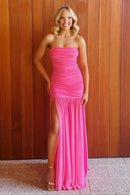 Hot Pink Strapless Mermaid Prom Dress Ruched Bodice High Slit Flowy Chiffon Gown