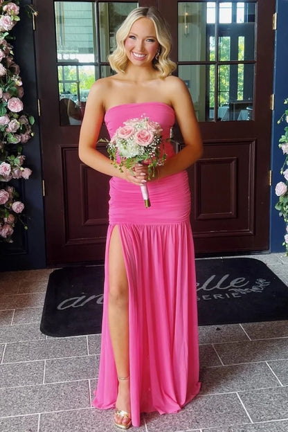 Hot Pink Strapless Mermaid Prom Dress Ruched Bodice High Slit Flowy Chiffon Gown