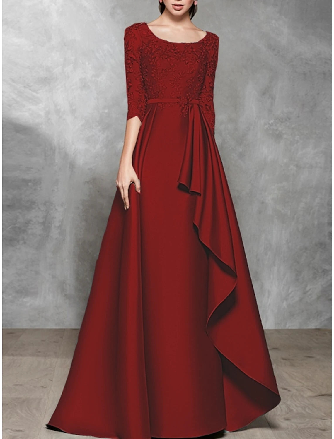 A-Line Evening Gown Black Dress Plus Size Elegant Dress Formal Wedding Floor Length Half Sleeve Scoop Neck Satin with Pleats Mother of the Bride Dresses