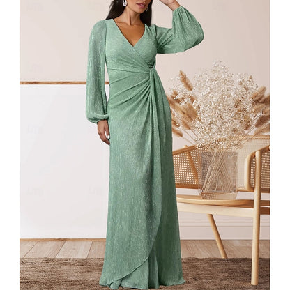 AABEI DRESS Wedding Guest Dress Elegant A-Line V Neck Sweet Floor Length Chiffon Long Sleeve with Ruffles Mother of the Bride Dress