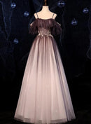 Mulberry Glitter Tulle A-Line Off-the-Shoulder Zipper Back Floor-Length Dress - Aabei Dress