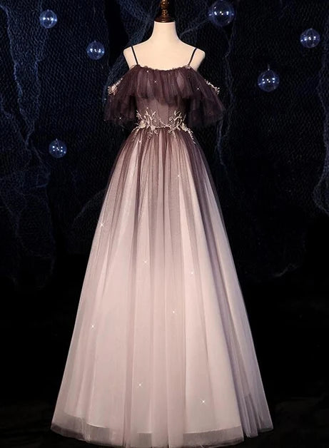 Mulberry Glitter Tulle A-Line Off-the-Shoulder Zipper Back Floor-Length Dress - Aabei Dress