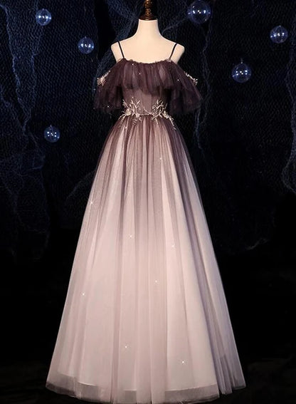 Mulberry Glitter Tulle A-Line Off-the-Shoulder Zipper Back Floor-Length Dress - Aabei Dress