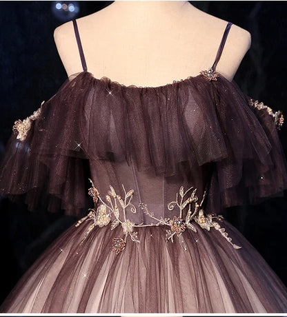 Mulberry Glitter Tulle A-Line Off-the-Shoulder Zipper Back Floor-Length Dress - Aabei Dress