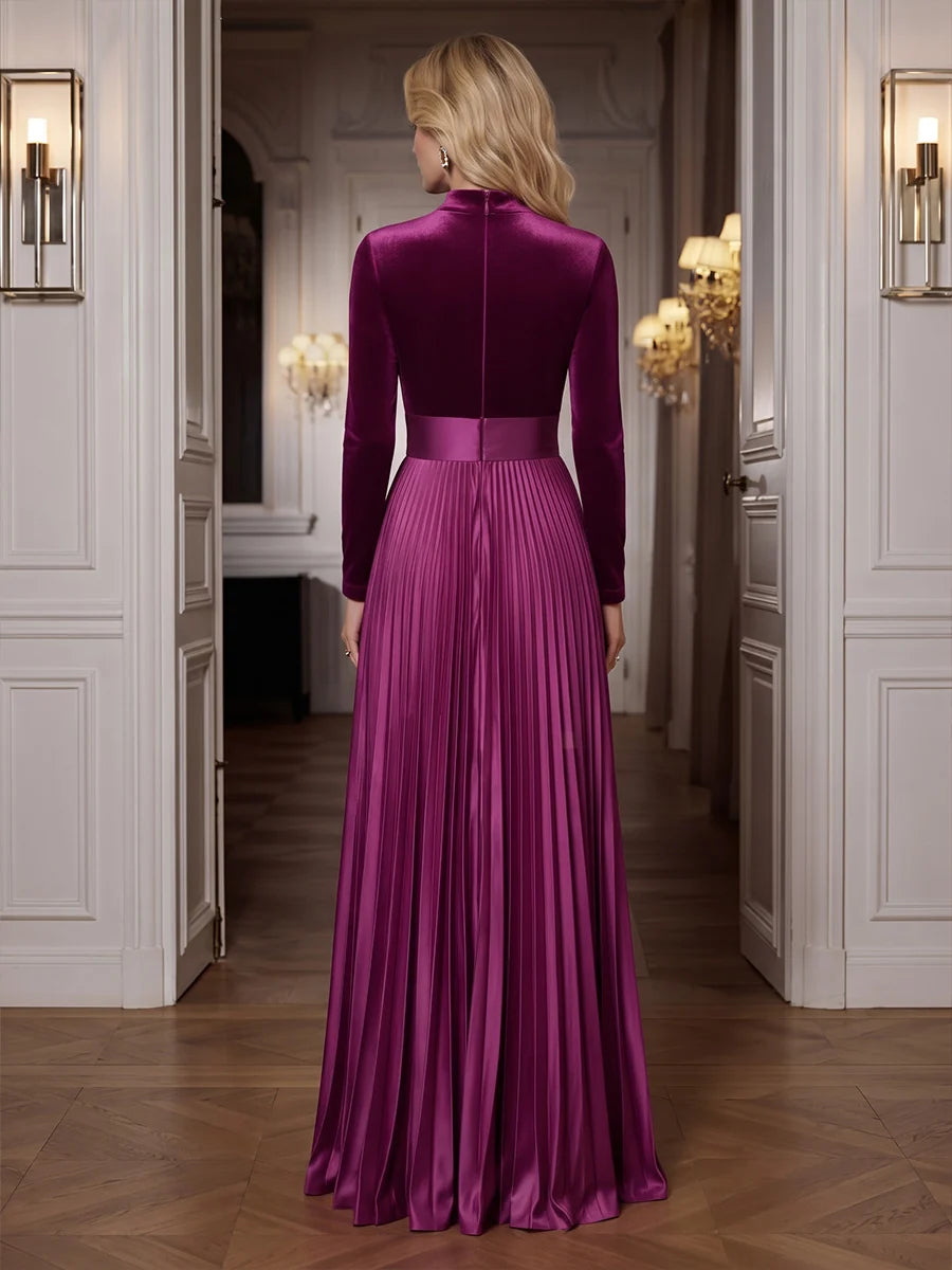Mulberry Velvet & Satin a-line high-neck zipper-back floor-length Dress Back View - Aabei Dress