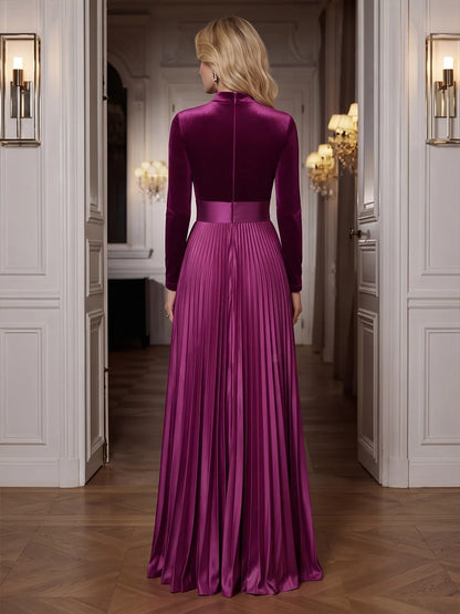 Mulberry Velvet & Satin a-line high-neck zipper-back floor-length Dress Back View - Aabei Dress