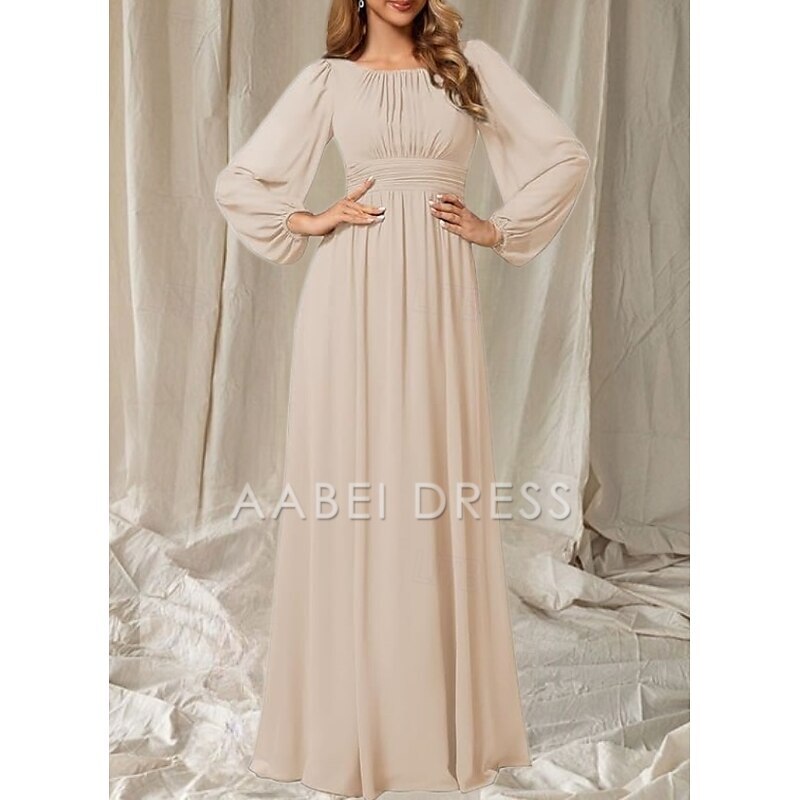 AABEI DRESS Wedding Guest Dress Elegant A-Line Crew Neck Long Sleeve Floor Length Chiffon Ruching Simple Mother of the Bride Dress