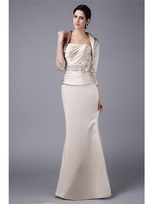 Sheath/Column Strapless Beading Hand-Made Flower Woven Satin Mother of the Bride Dresses