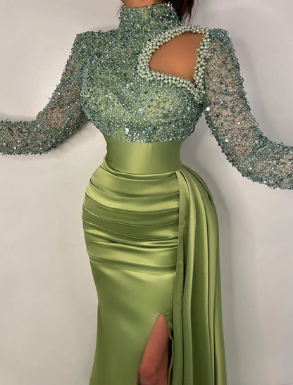 Mermaid Gown Elegant Formal Train Long Sleeve High Neck Satin with Pearls Sequin Evening Dress