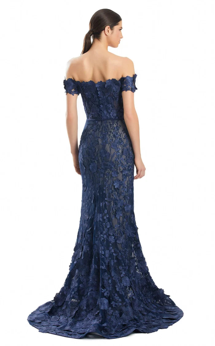 Navy Blue Lace Sheath-Column Off-the-Shoulder Zipper-Back Floor-Length Dress Back View - Aabei Dress