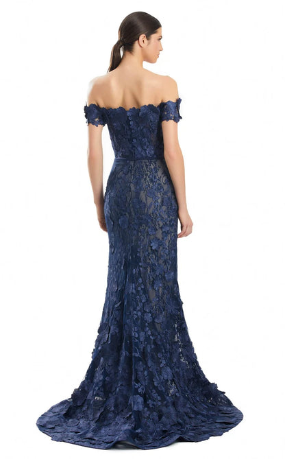 Navy Blue Lace Sheath-Column Off-the-Shoulder Zipper-Back Floor-Length Dress Back View - Aabei Dress