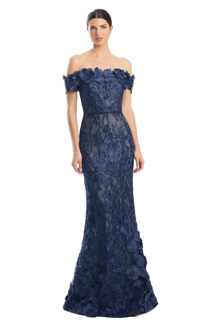 Navy Blue Lace Sheath-Column Off-the-Shoulder Zipper-Back Floor-Length Dress Front View - Aabei Dress