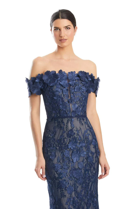 Navy Blue Lace Sheath-Column Off-the-Shoulder Zipper-Back Floor-Length Dress - Aabei Dress