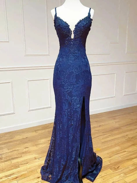Navy Blue Lace sheath-column plunging-v-neck open-back floor-length Dress - Aabei Dress