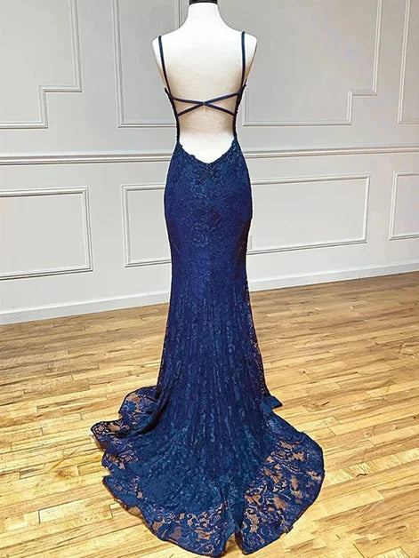 Navy Blue Lace sheath-column plunging-v-neck open-back floor-length Dress - Aabei Dress
