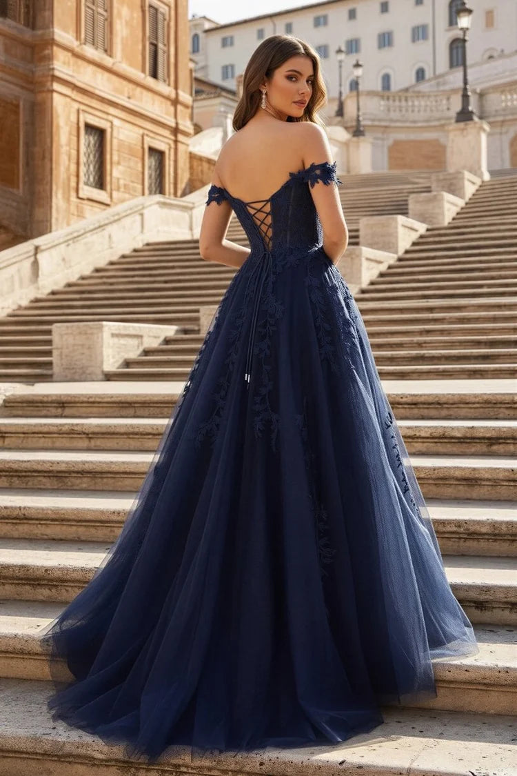 Navy Blue Lace & Tulle A-Line Off-the-Shoulder Lace-Up Floor-Length Dress Back View - Aabei Dress