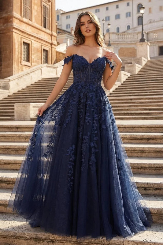 Navy Blue Lace & Tulle A-Line Off-the-Shoulder Lace-Up Floor-Length Dress Front View - Aabei Dress