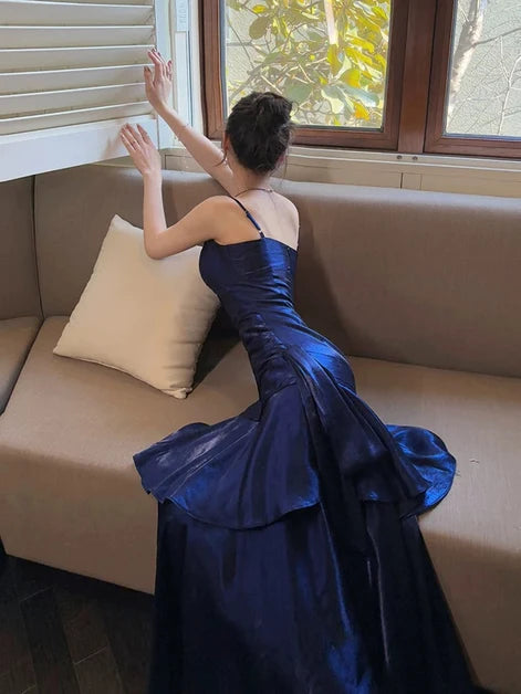 Navy Blue Satin Mermaid Sweetheart Zipper Back Floor Length Dress Back View - Aabei Dress