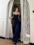 Navy Blue Satin Mermaid Sweetheart Zipper Back Floor Length Dress Front View - Aabei Dress