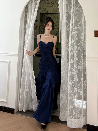 Navy Blue Satin Mermaid Sweetheart Zipper Back Floor Length Dress Front View - Aabei Dress