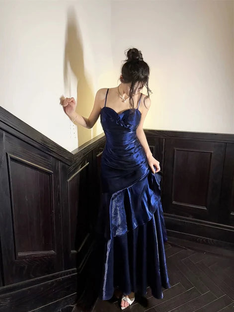 Navy Blue Satin Mermaid Sweetheart Zipper Back Floor Length Dress - Aabei Dress