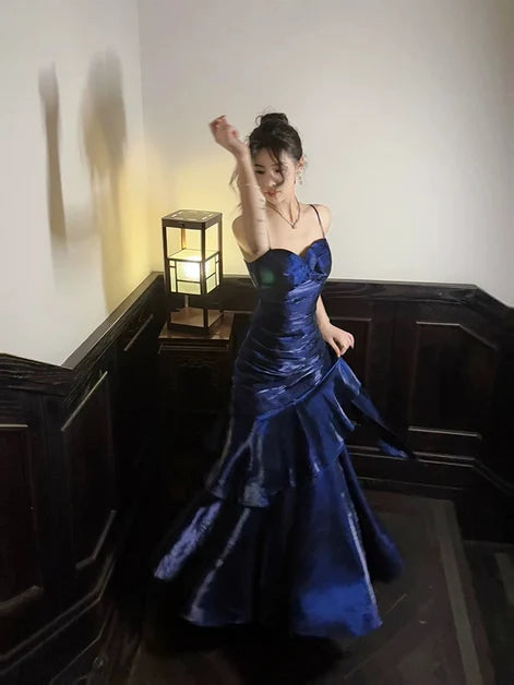 Navy Blue Satin Mermaid Sweetheart Zipper Back Floor Length Dress - Aabei Dress
