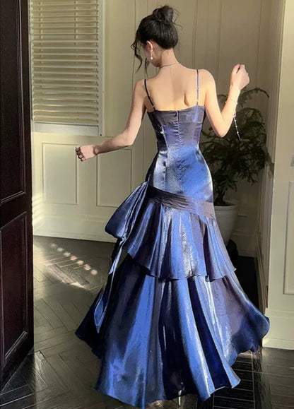 Navy Blue Satin Mermaid Sweetheart Zipper Back Floor Length Dress - Aabei Dress
