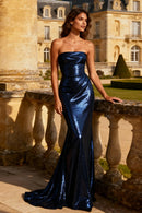 Navy Blue Sequin Mermaid Straight Neck Back Zip Floor-Length Dress Front View - Aabei Dress