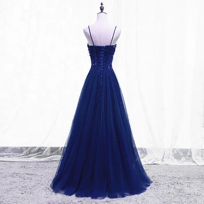 Navy Blue Tulle A-Line Sweetheart Lace-Up Back Floor-Length Dress Back View - Aabei Dress