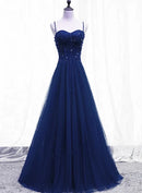 Navy Blue Tulle A-Line Sweetheart Lace-Up Back Floor-Length Dress Front View - Aabei Dress
