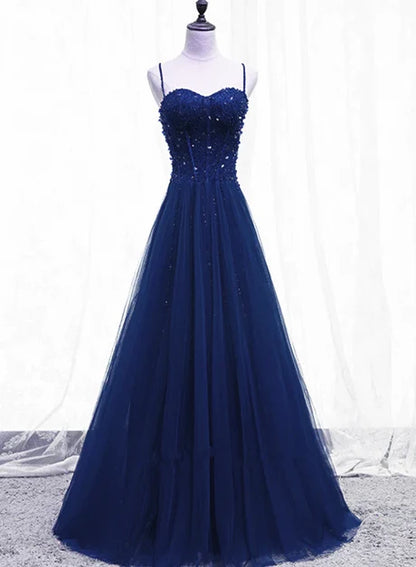 Navy Blue Tulle A-Line Sweetheart Lace-Up Back Floor-Length Dress Front View - Aabei Dress