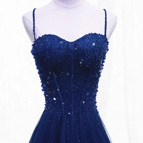 Navy Blue Tulle A-Line Sweetheart Lace-Up Back Floor-Length Dress - Aabei Dress