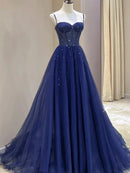 Navy Blue Tulle & Sequin A-Line Sweetheart Zipper Back Floor-Length Dress - Aabei Dress