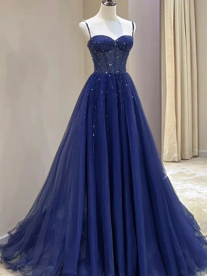 Navy Blue Tulle & Sequin A-Line Sweetheart Zipper Back Floor-Length Dress - Aabei Dress