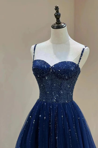 Navy Blue Tulle & Sequin A-Line Sweetheart Zipper Back Floor-Length Dress - Aabei Dress