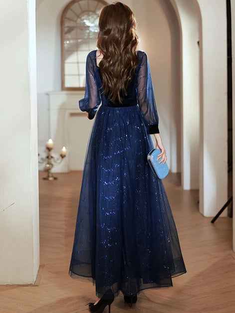 Navy Blue Tulle Velvet Sequin A-Line Square Neck Zipper Back Floor-Length Dress Back View - Aabei Dress