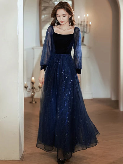 Navy Blue Tulle Velvet Sequin A-Line Square Neck Zipper Back Floor-Length Dress Front View - Aabei Dress