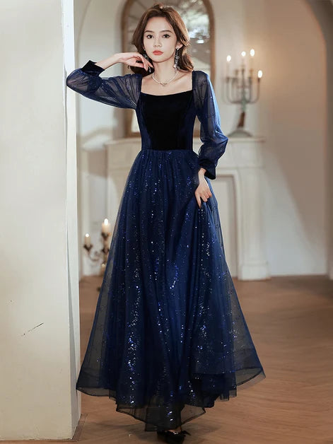 Navy Blue Tulle Velvet Sequin A-Line Square Neck Zipper Back Floor-Length Dress - Aabei Dress