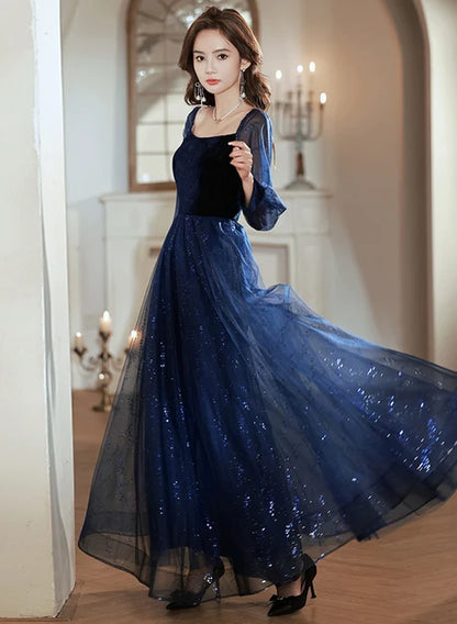 Navy Blue Tulle Velvet Sequin A-Line Square Neck Zipper Back Floor-Length Dress - Aabei Dress