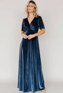 Navy Blue Velvet A-Line V-Neck Zipper Back Floor-Length Dress Front View - Aabei Dress