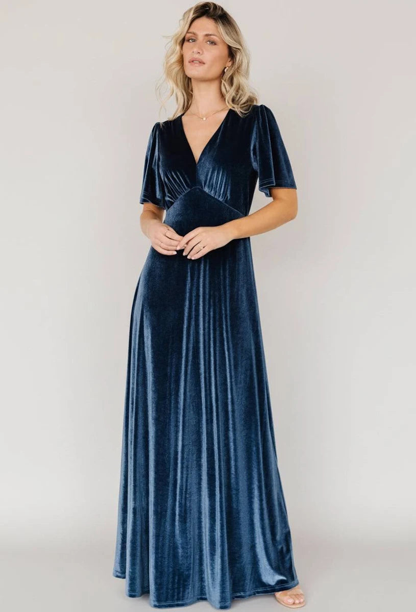 Navy Blue Velvet A-Line V-Neck Zipper Back Floor-Length Dress Front View - Aabei Dress
