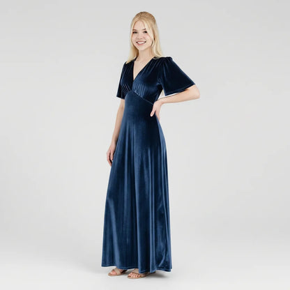 Navy Blue Velvet A-Line V-Neck Zipper Back Floor-Length Dress - Aabei Dress