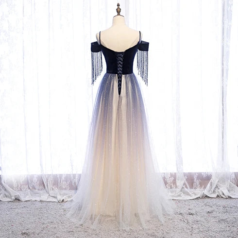 Navy Blue Velvet & Glitter Tulle A-Line Sweetheart Lace-up Floor-Length Dress Back View - Aabei Dress