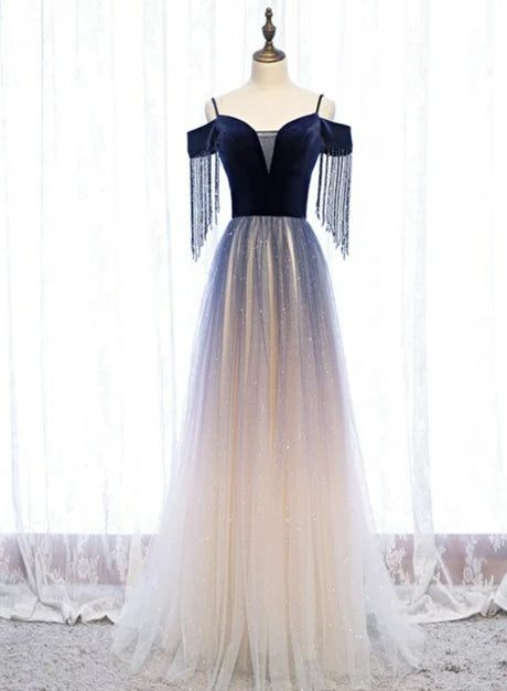 Navy Blue Velvet & Glitter Tulle A-Line Sweetheart Lace-up Floor-Length Dress Front View - Aabei Dress