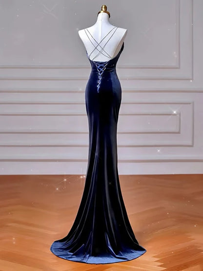 Navy Blue Velvet Mermaid Cowl Neck Lace Up Back Floor-Length Dress Back View - Aabei Dress