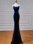 Navy Blue Velvet Mermaid Cowl Neck Lace Up Back Floor-Length Dress Front View - Aabei Dress