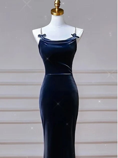 Navy Blue Velvet Mermaid Cowl Neck Lace Up Back Floor-Length Dress - Aabei Dress